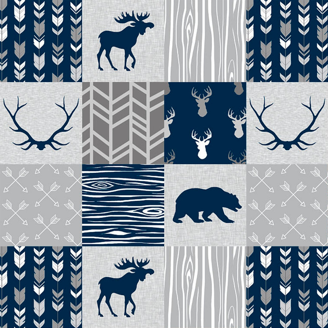 Navy Gray Moose Bear Designer Minky Patchwork Panel